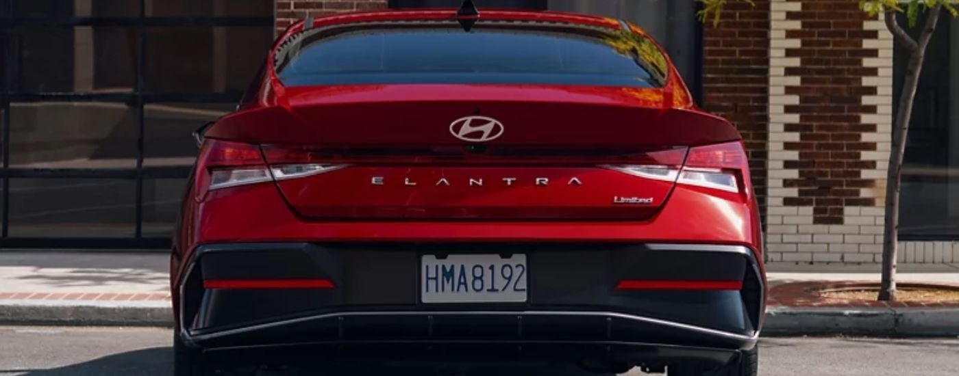Rear view of a red 2026 Hyundai Elantra Limited.